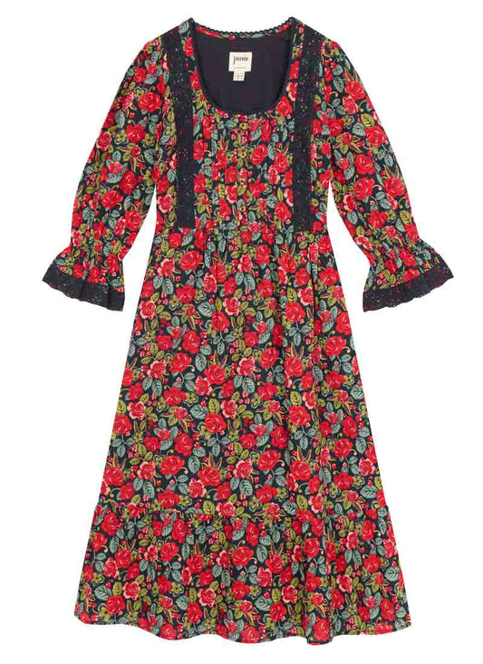 Eleri Antique Rose Print Crochet Trim Prairie Dress - Red