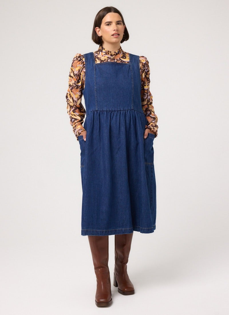 Mabel Denim Square Neck Pinafore Dress - Blue