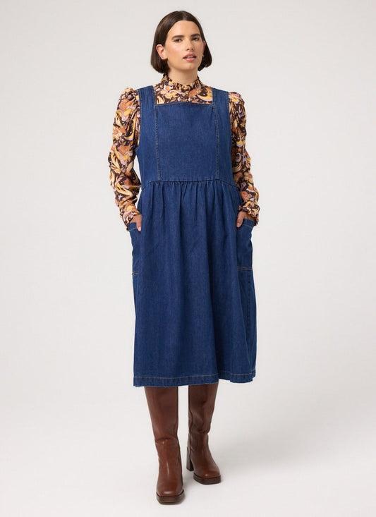 Mabel Denim Square Neck Pinafore Dress - Blue
