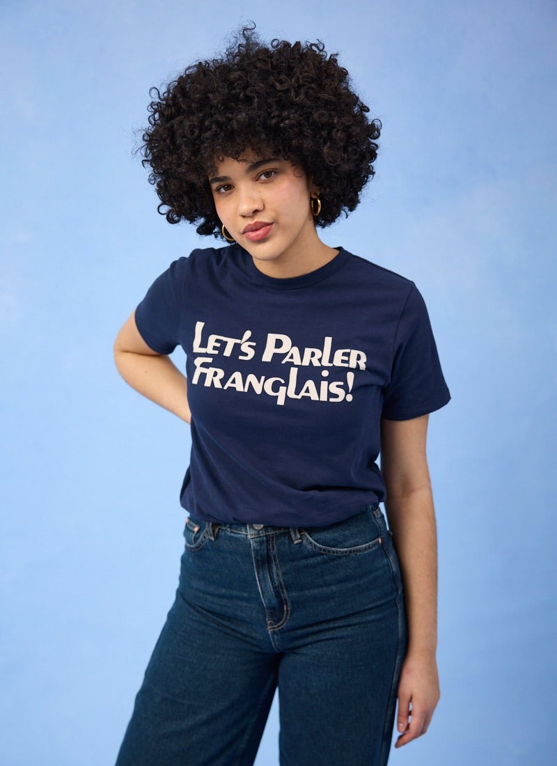 Emilie Let's Parler Franglais Graphic Slogan Tee - Sustainable Organic Cotton (Navy)