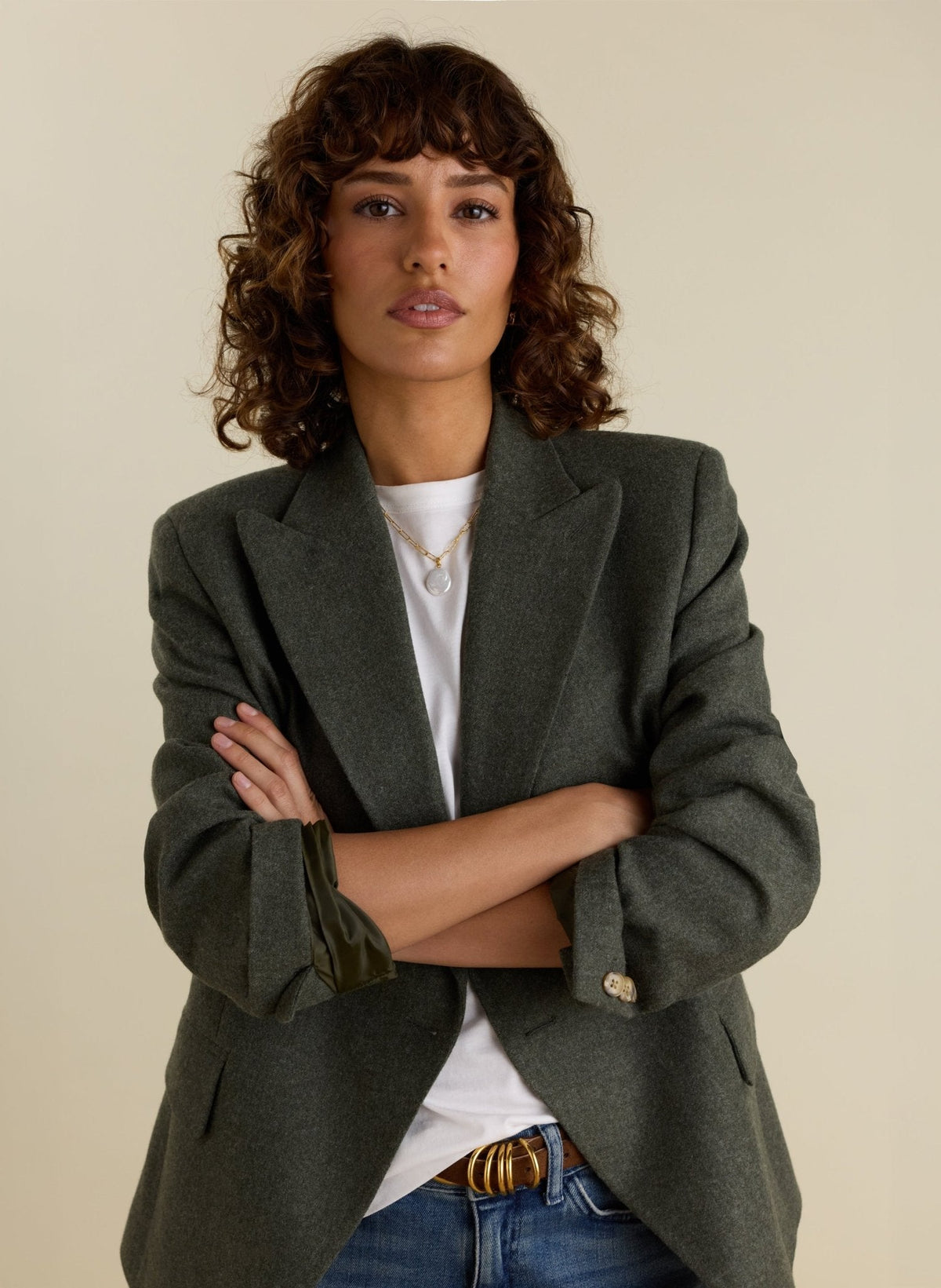 Pale khaki wool-blend cinched-waist blazer.