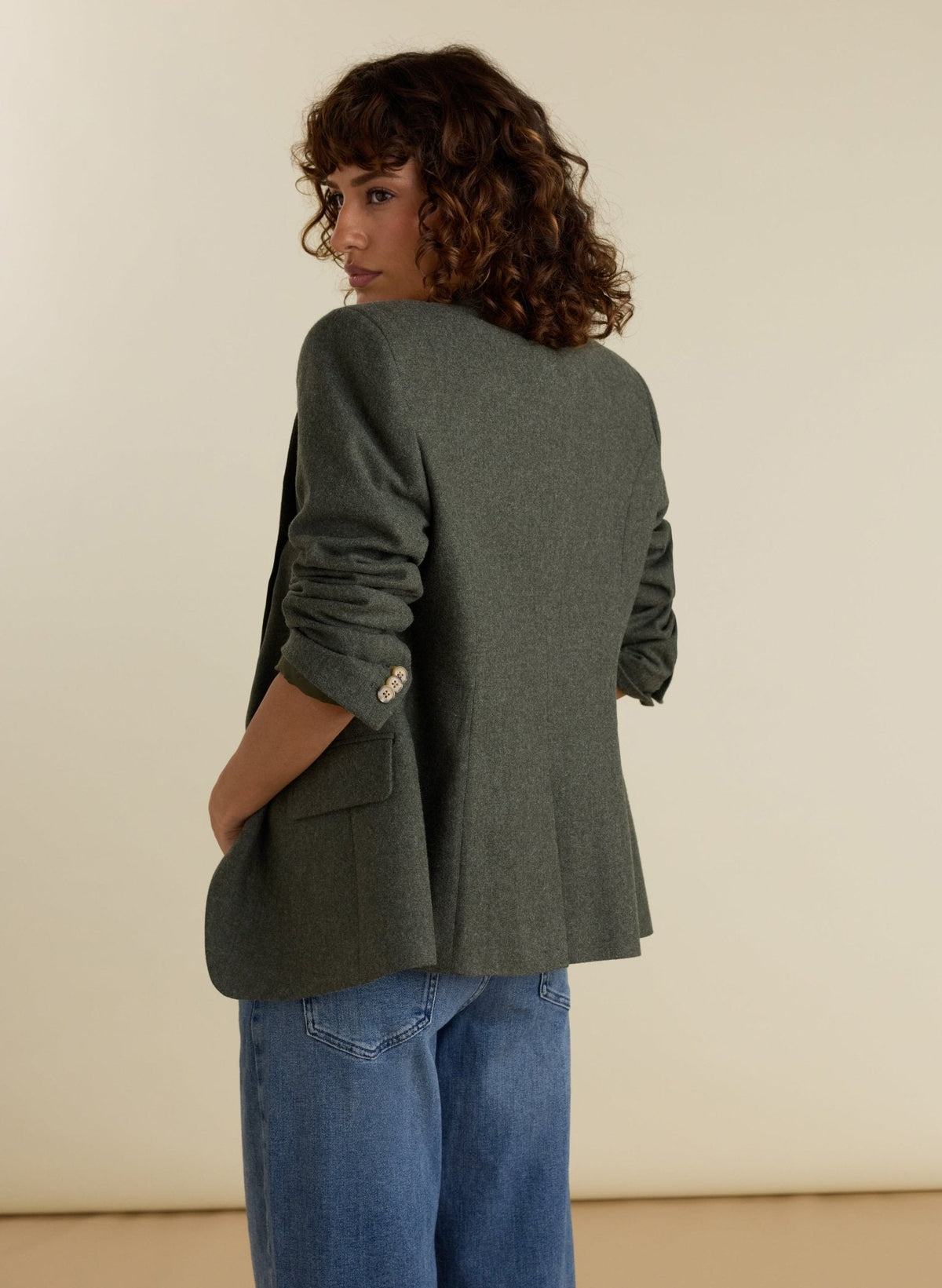 Eva Cinched Waist Wool Blazer - Pale Khaki
