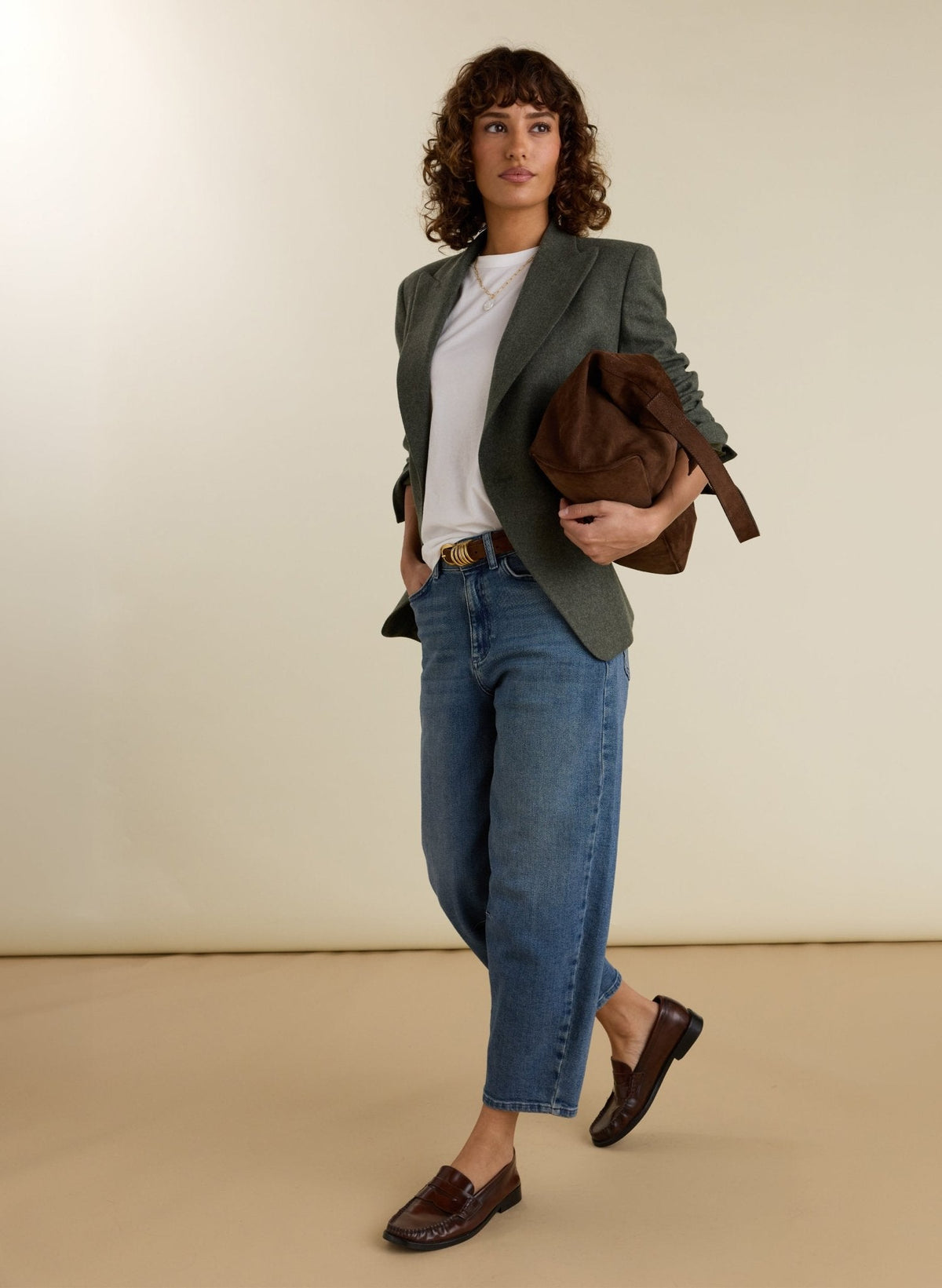 Eva Cinched Waist Wool Blazer - Pale Khaki