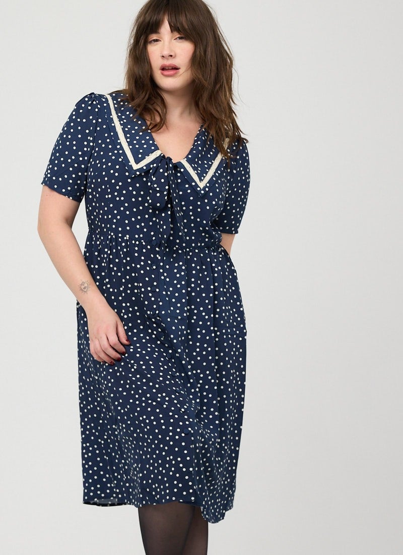 Everlene Polka Dot Sailor Midi Dress (Navy)