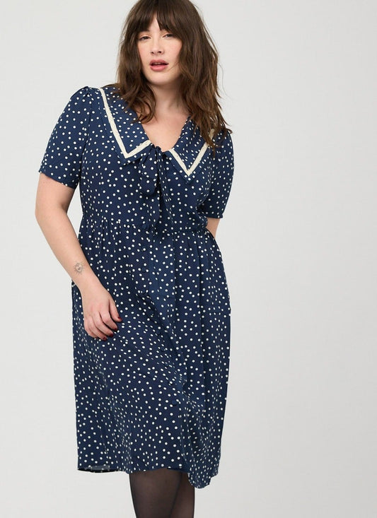 Everlene Polka Dot Sailor Midi Dress (Navy)