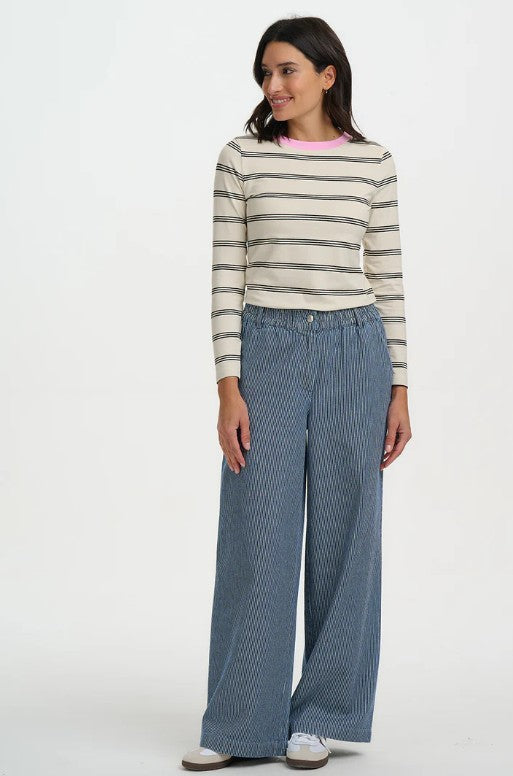Striped denim wide leg trousers.