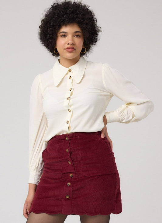 Sarah Scallop Hem A-Line Corduroy Mini Skirt - Burgundy (Red)