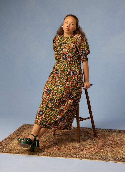 Flora Granny Square Print Puff Sleeve Midaxi Dress (Brown)