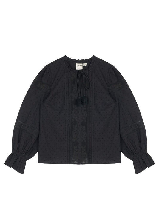 Florence Tie Neck Dobby Blouse - Black