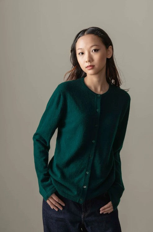 Women's Cashmere High Button Cardigan - Forest Green