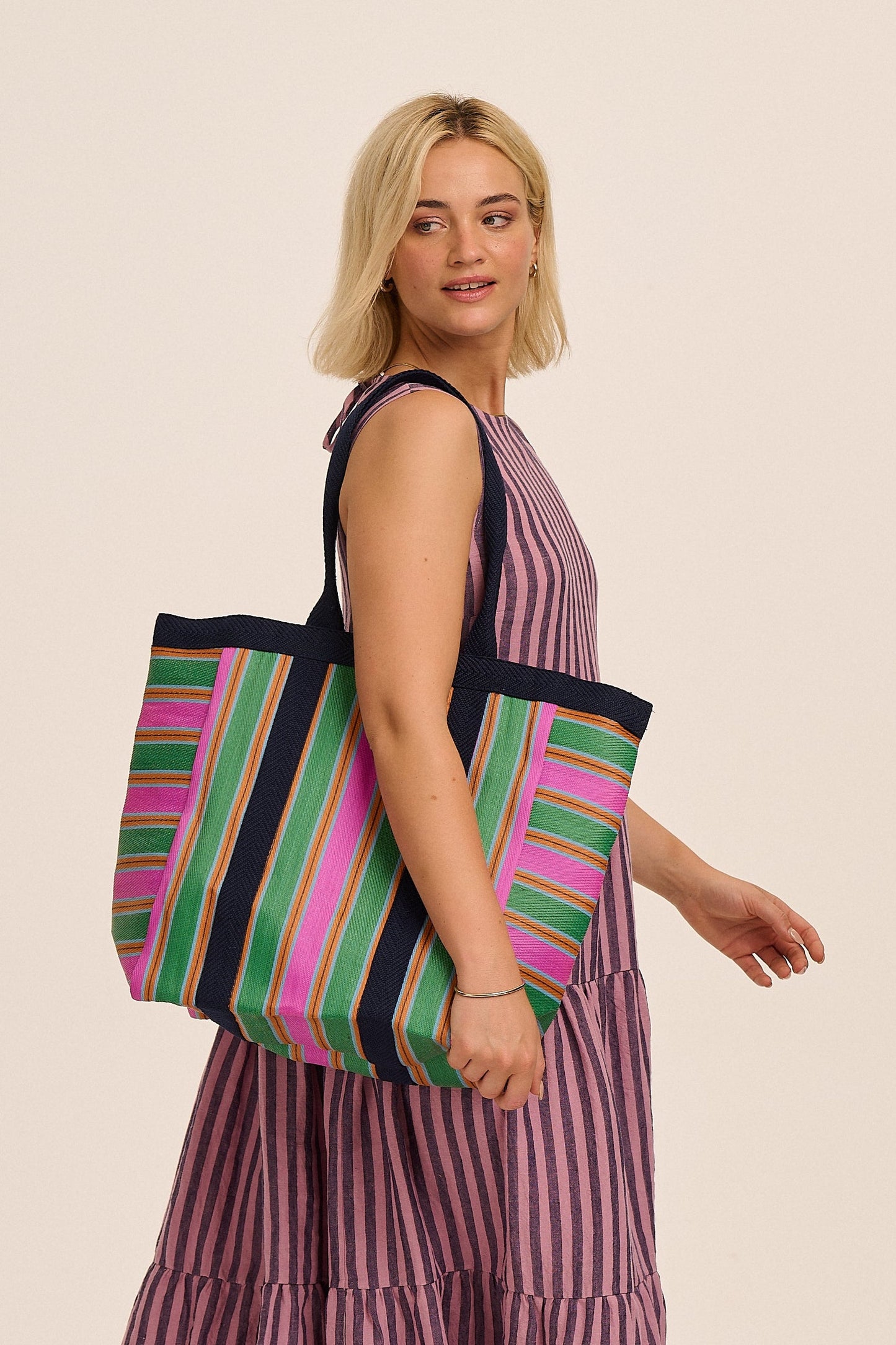 Striped recycled nylon tote bag.