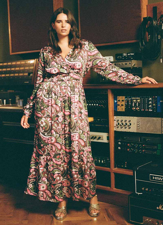 Bryana Floral Paisley Print Long Sleeve Midaxi Dress (Pink)