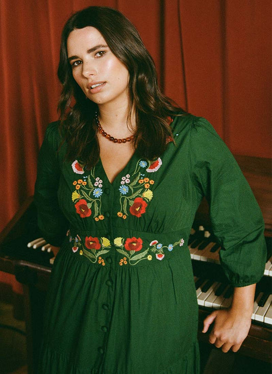 Catalina Green Vintage Floral Embroidered Dress - Sustainable Organic Cotton (Green)