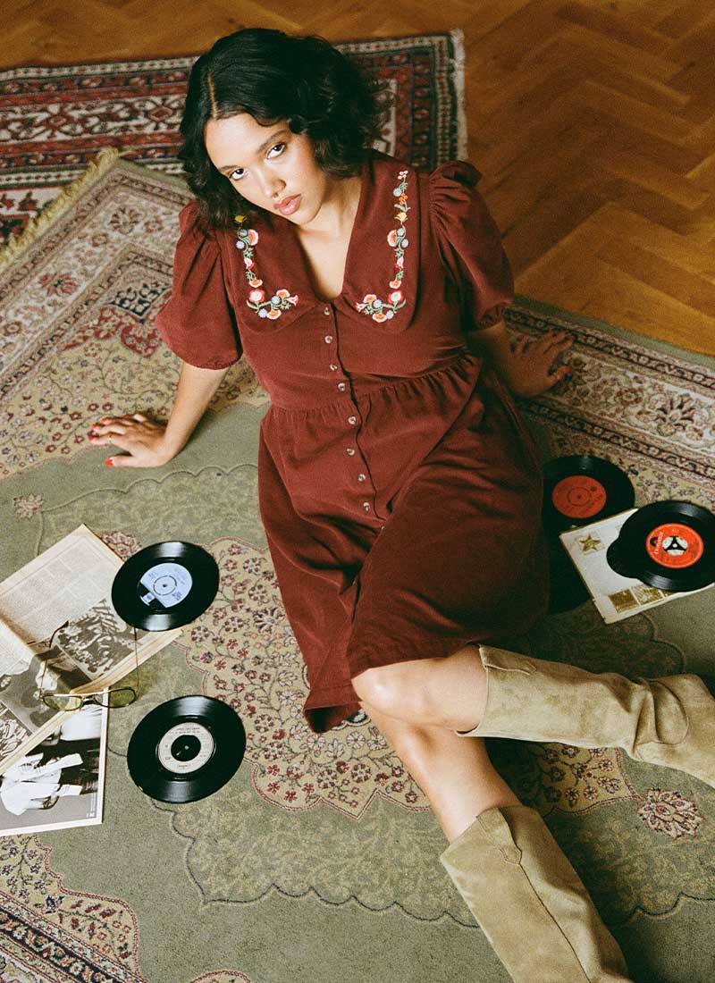 Felicity Embroidered Collar Corduroy Mini Dress - Burgundy - Sustainable Organic Cotton
