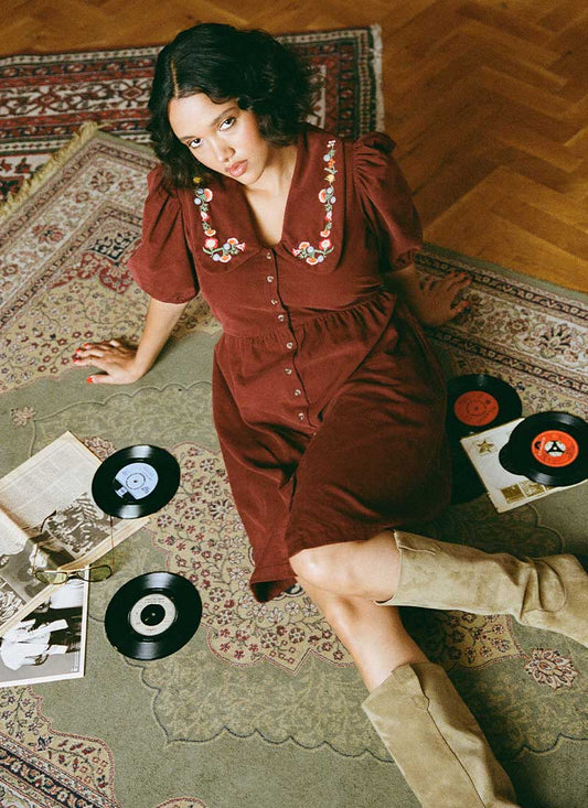 Felicity Embroidered Collar Corduroy Mini Dress - Burgundy - Sustainable Organic Cotton