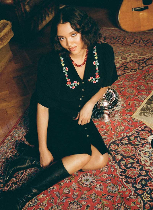 Felicity Embroidered CollarCorduroy Mini Dress - Sustainable Organic Cotton (Black)