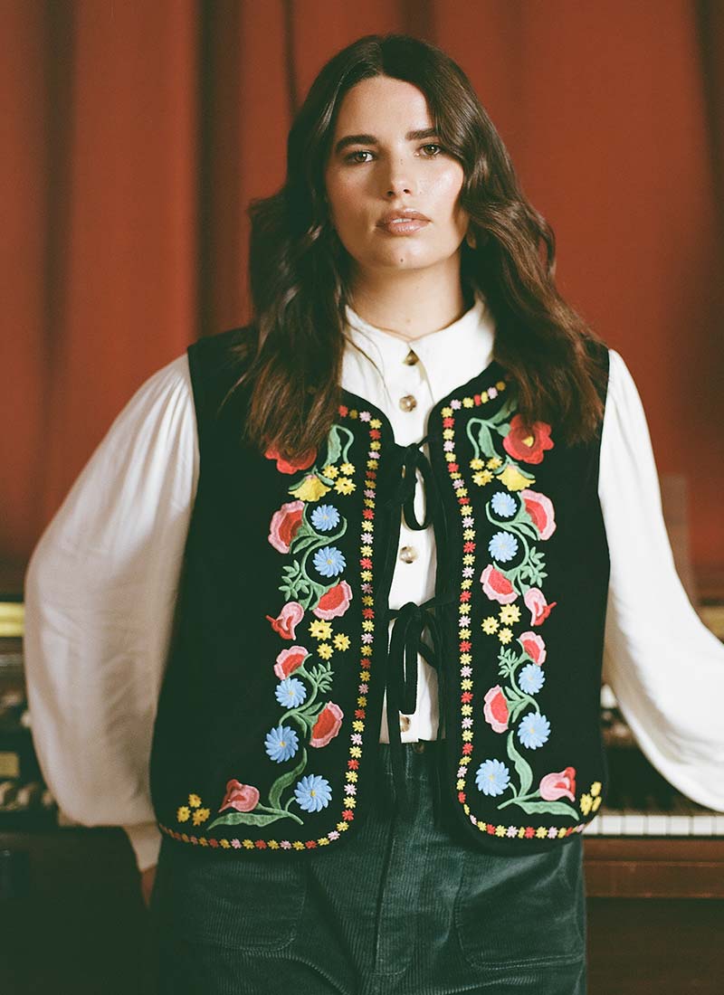 Joss Embroidered Tie Front Gilet - Sustainable Organic Cotton (Black)