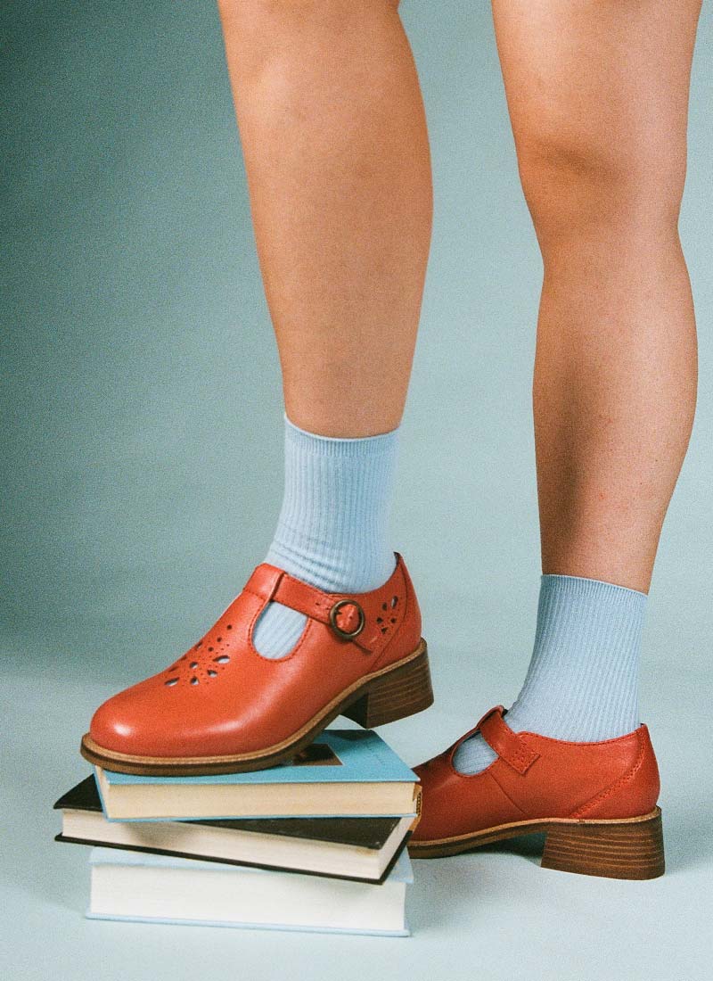 Lyon Leather T-Bar Shoes - Rust