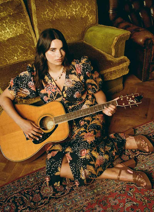 Rebecca Black Chintz Floral PrintPuff Sleeve Midi Dress - Sustainable Organic Cotton (Black)