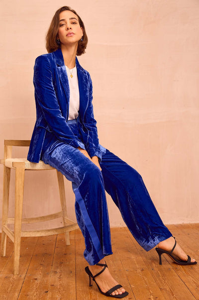 Velvet Side Stripe Viscose Trousers - Azure Blue