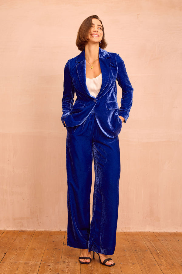 Velvet Side Stripe Viscose Trousers - Azure Blue