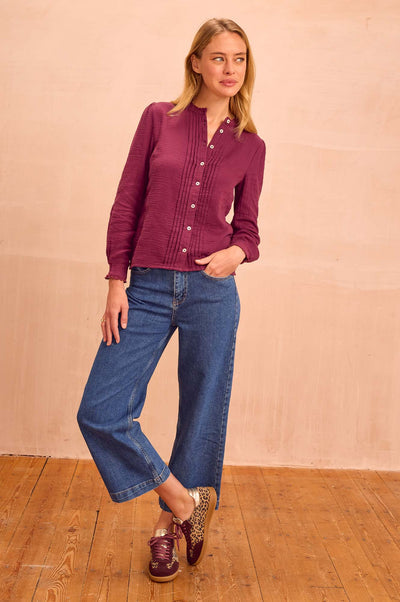 Holly Pin Tuck Organic Cotton Cheesecloth Long Sleeve Blouse - Berry