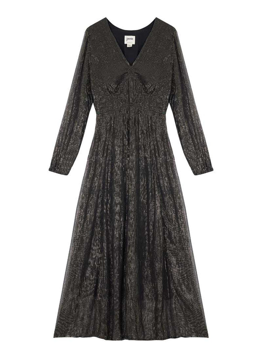 Gaia Gold Lurex V-Neck Midaxi Dress - Black