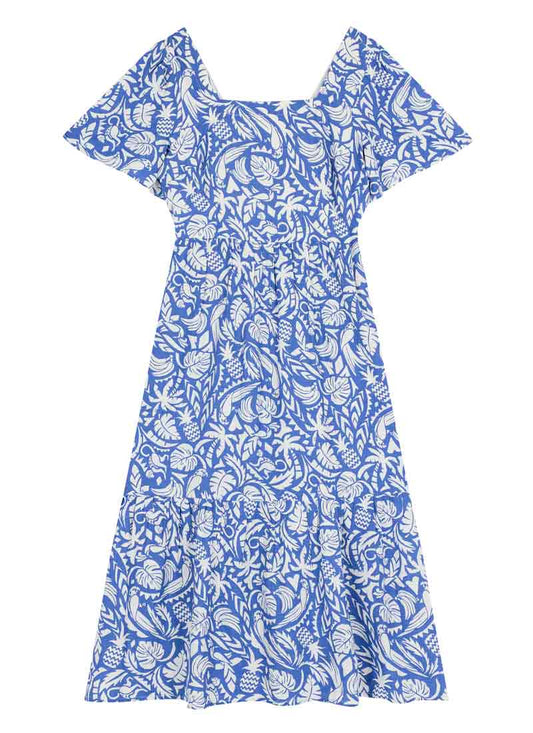Georgia Tropical Palm Print Square Neck Dress - Blue