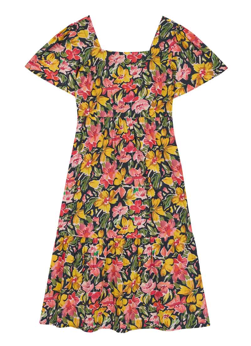 Zeena X Joanie - Georgia Painterly Floral Print Square Neck Dress (Yellow)