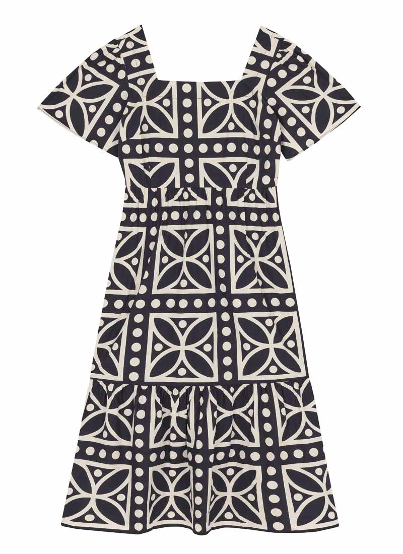 Georgia Monochrome Tile Print Square Neck Dress (White)
