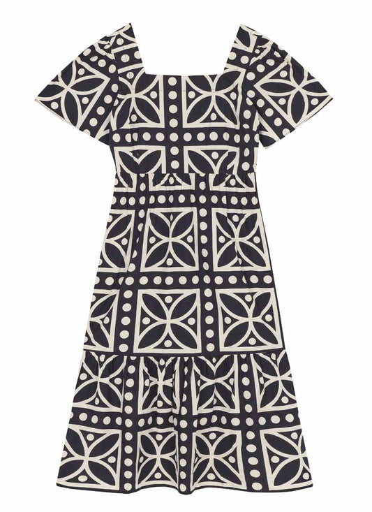 Georgia Monochrome Tile Print Square Neck Dress (White)