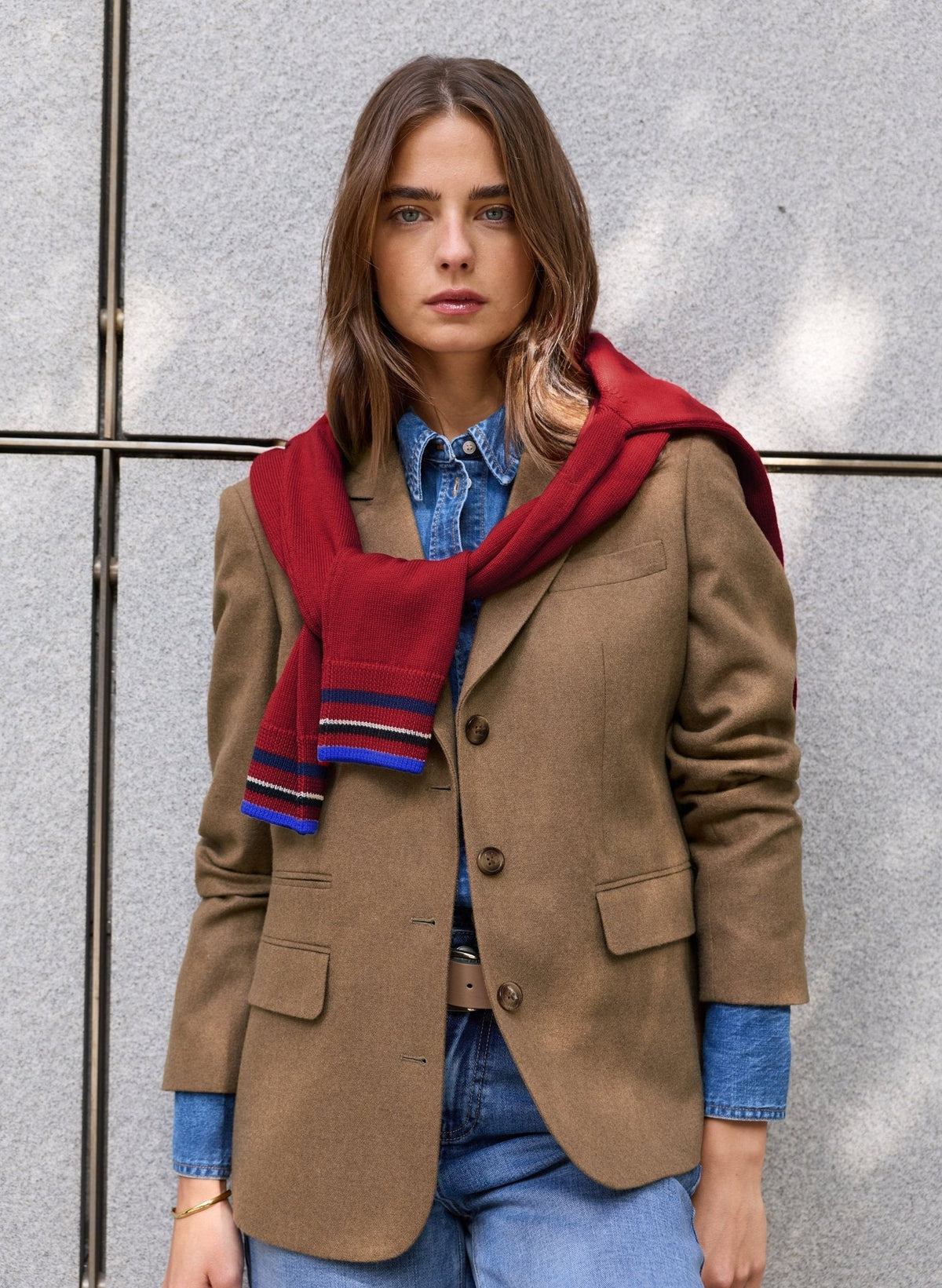 Camel recycled wool blend blazer.