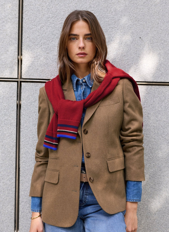 Camel recycled wool blend blazer.