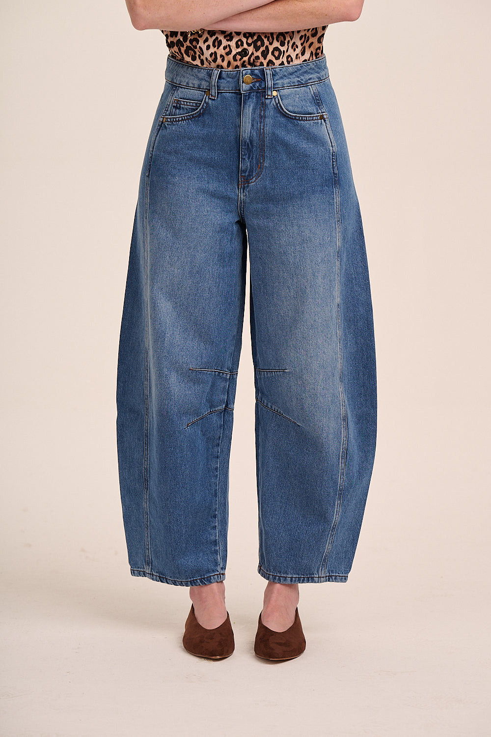 Wide leg blue jeans in mid wash denim.