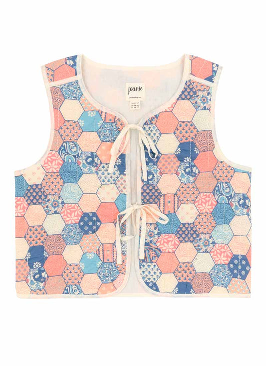 Giselle Patchwork Print Quilted Tie Front Gilet (Pink)