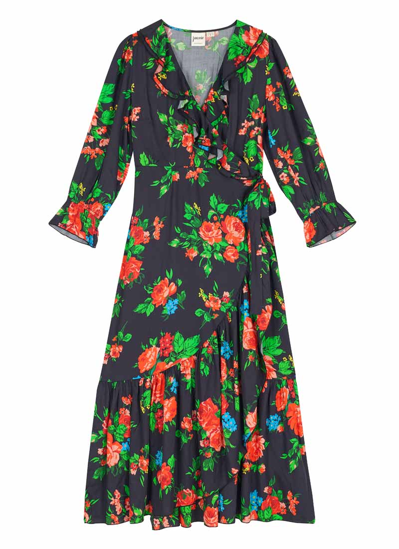 Glorie Black Floral Print Wrap Dress - Green