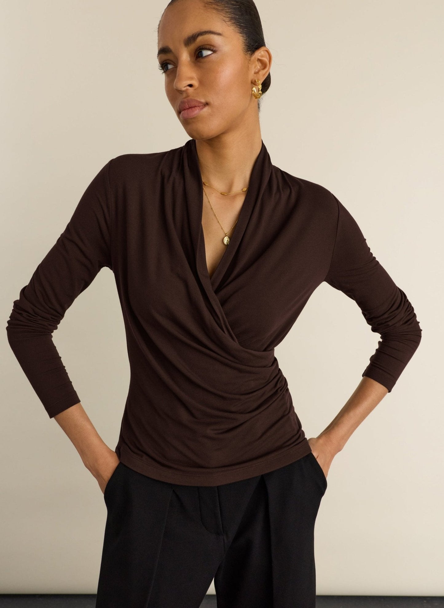 Gylda Fixed Wrap Top - Dark Chocolate