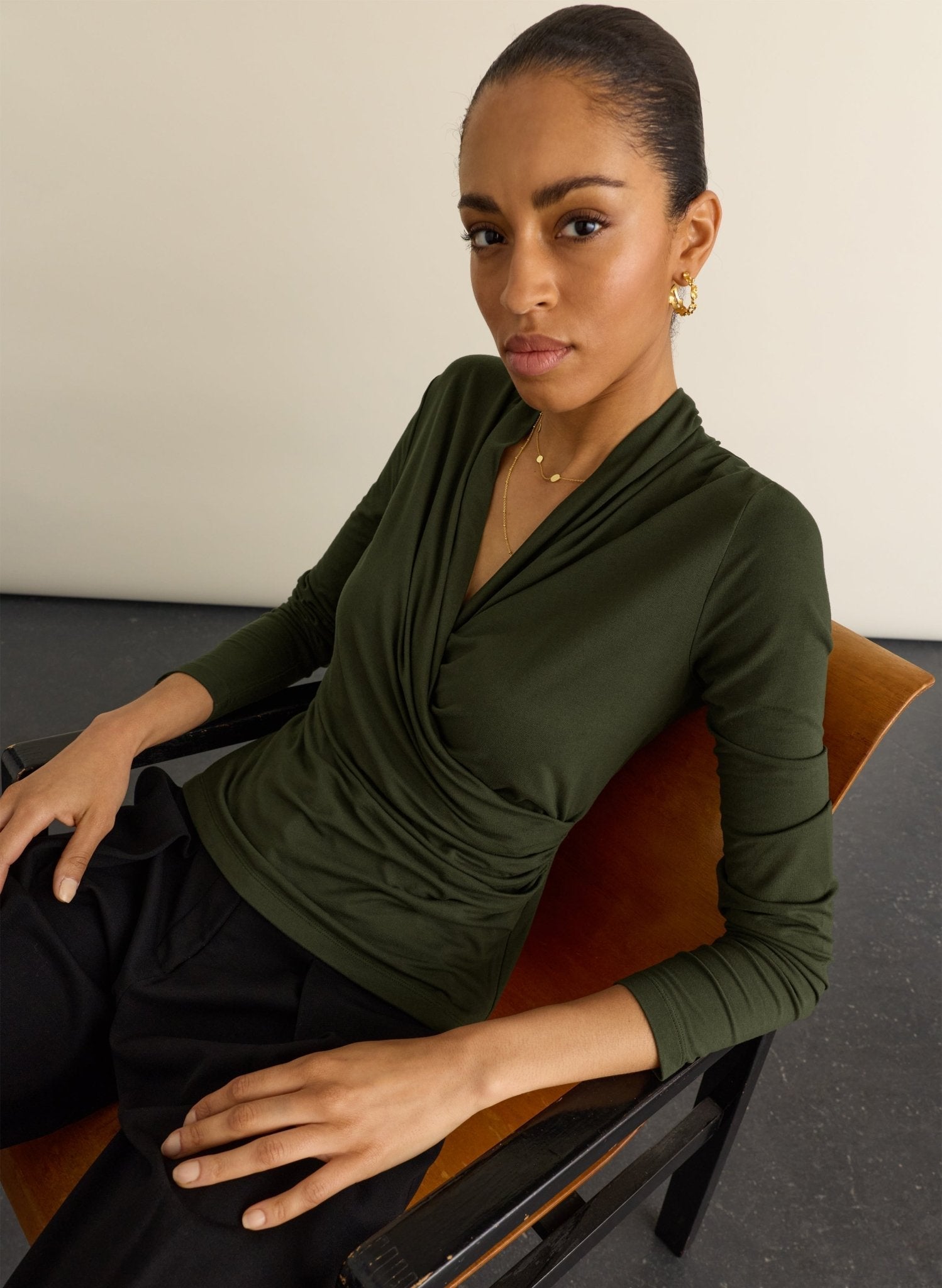 Deep khaki long sleeved wrap top.
