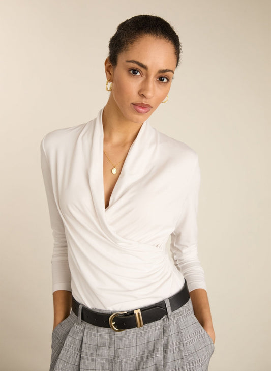 Pure white wrap top.