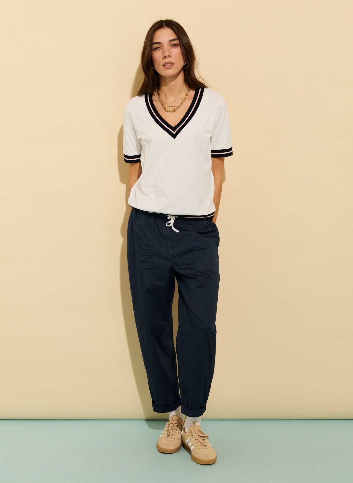 Hal Organic V-Neck Tee / Pure White, Navy & Powder Pink