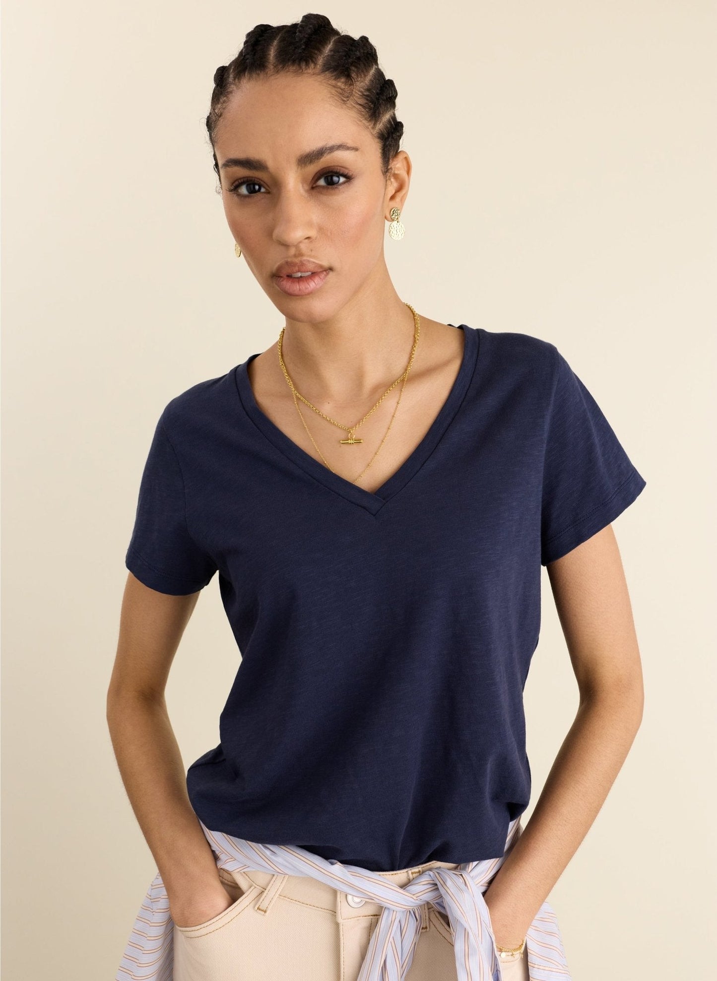 Deep indigo organic cotton v-neck t-shirt.
