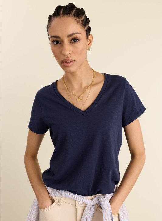 Deep indigo organic cotton v-neck t-shirt.