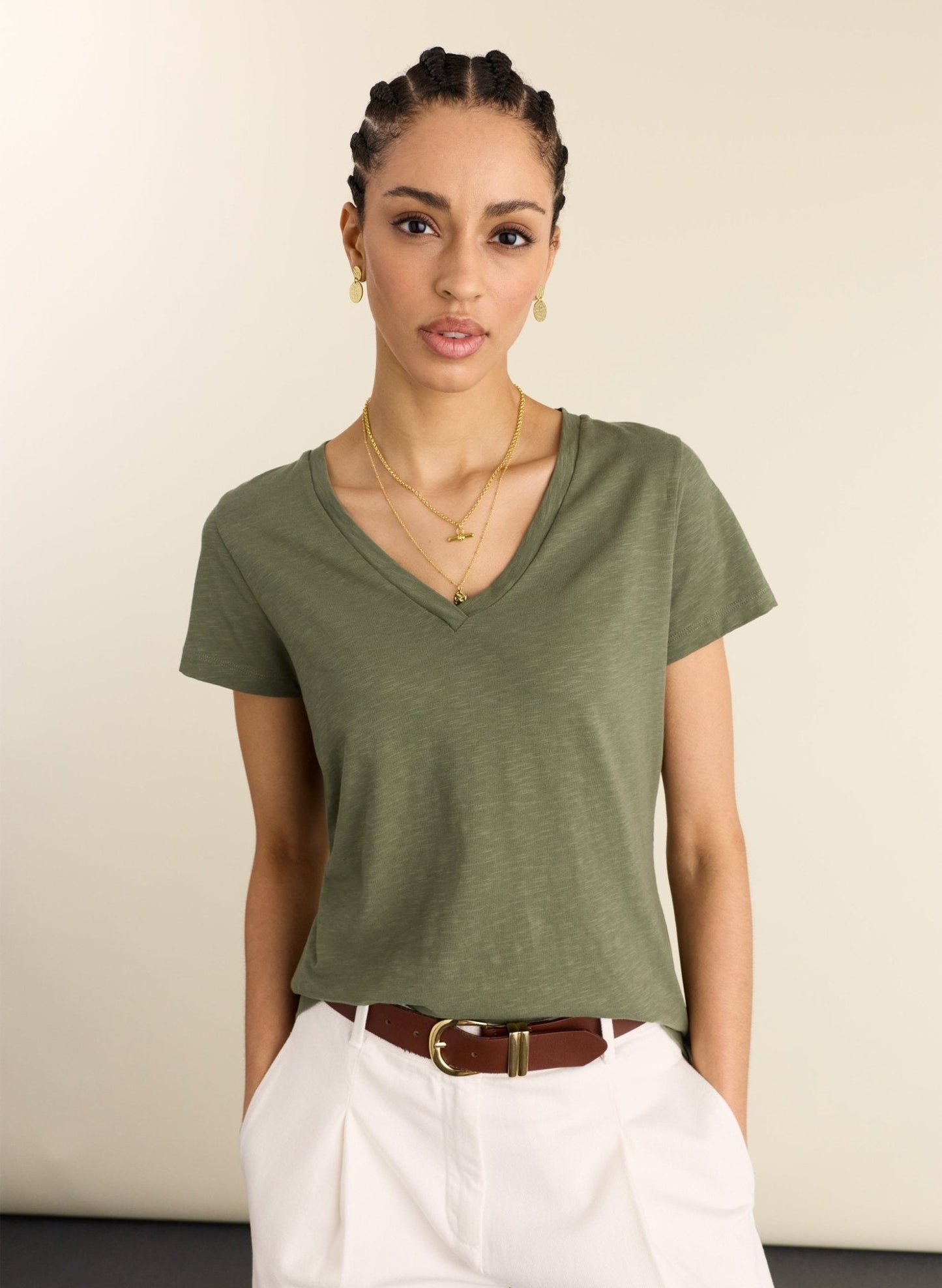 Light khaki v-neck organic cotton t-shirt.