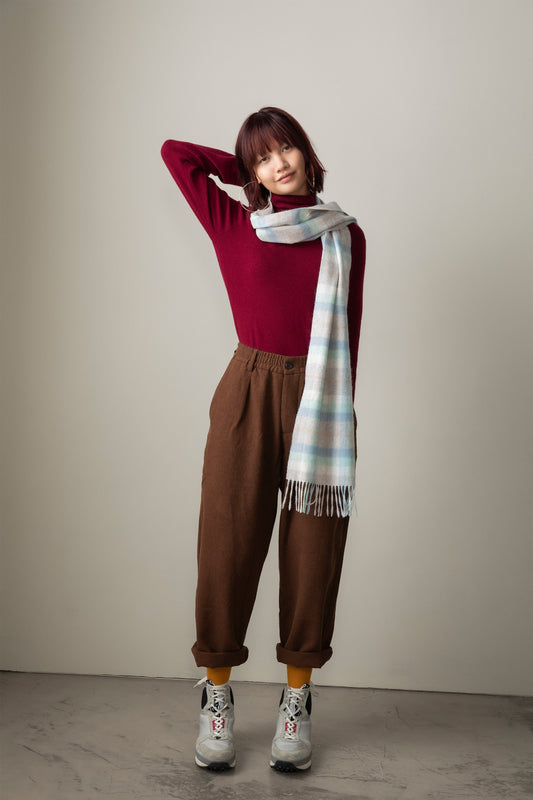 Light blue and grey checked cashmere scarf.