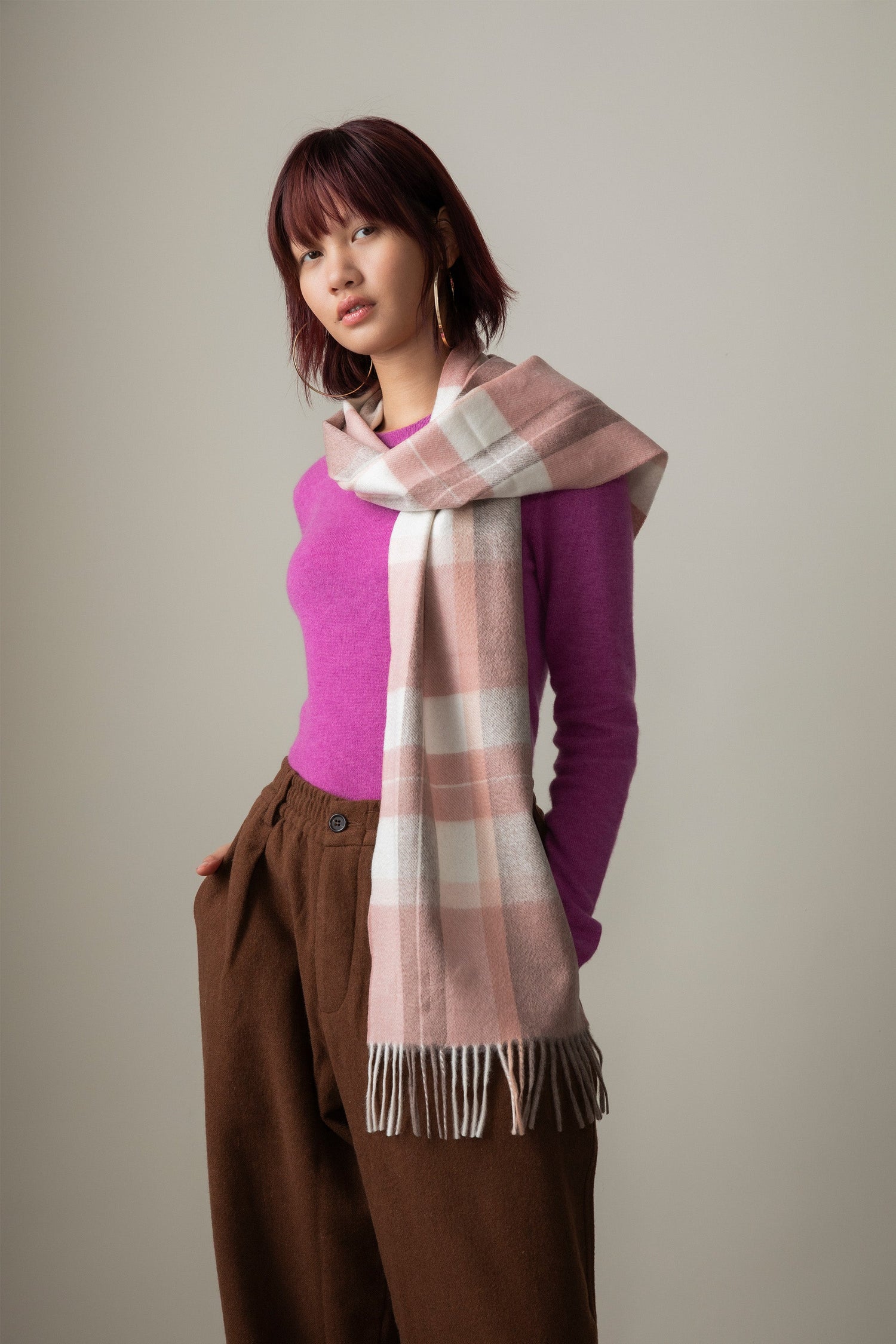 Blush pink and cream checked cashmere scarf.
