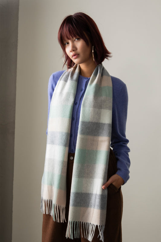 Pale aqua, soft grey and beige check cashmere scarf by Kiltane.