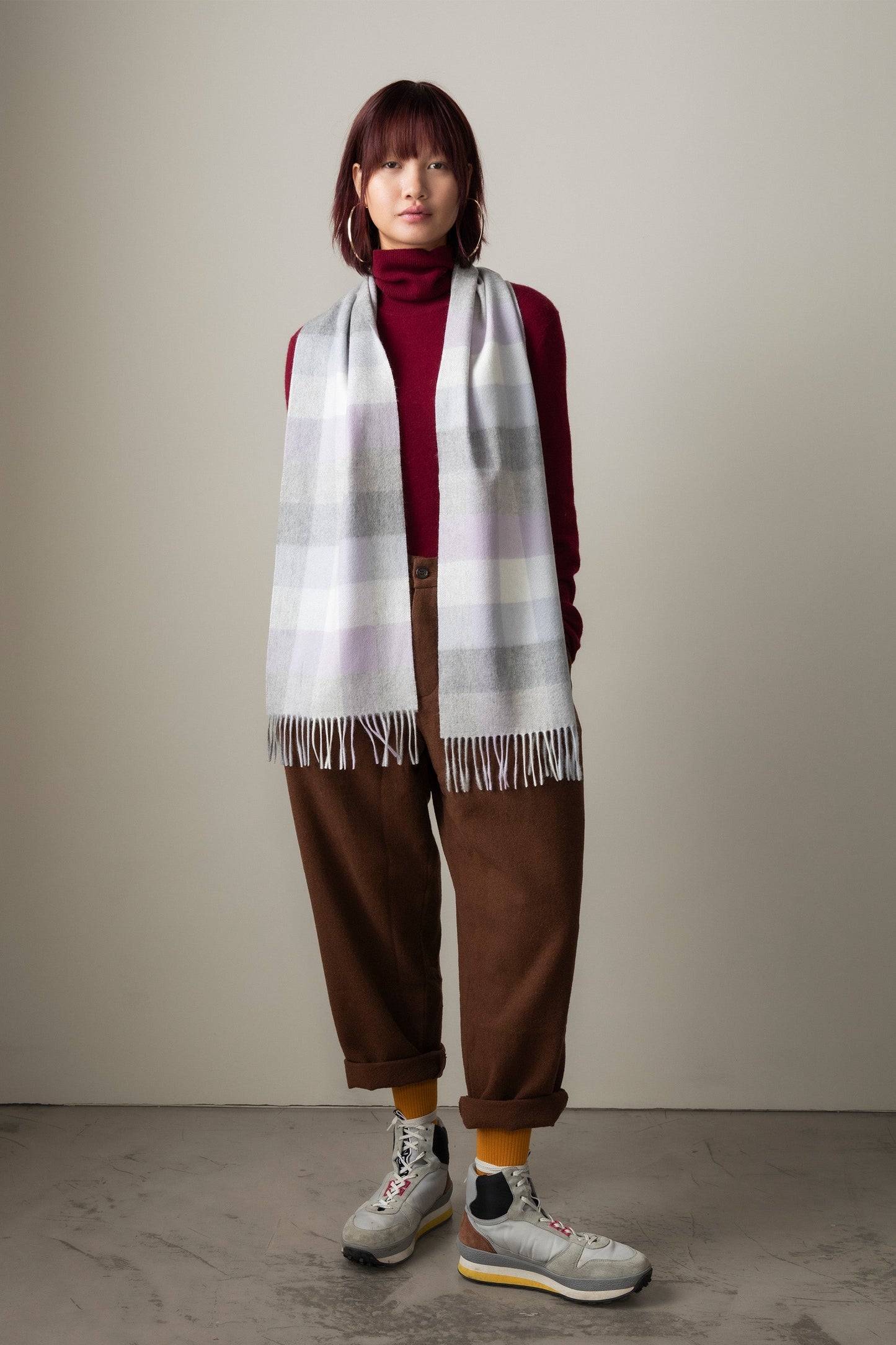 Dove grey, lilac, and white checked cashmere scarf by Kiltane.