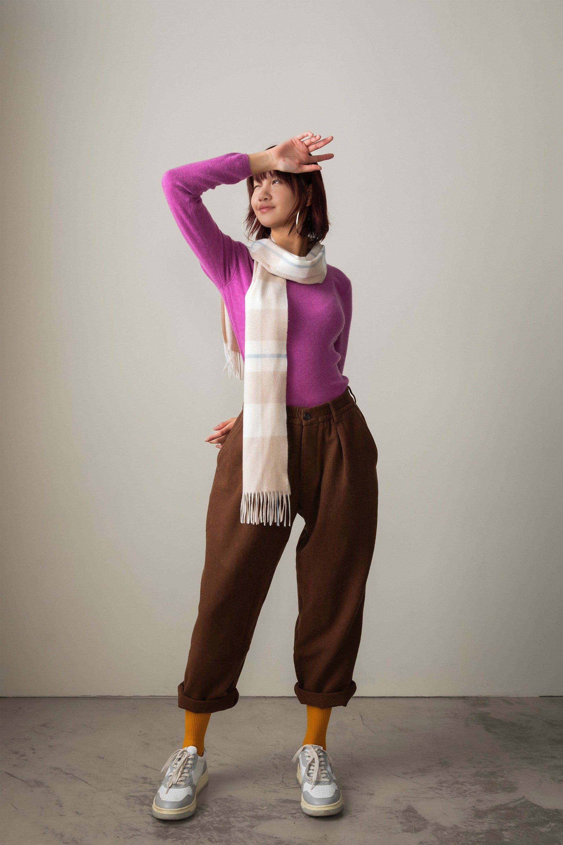 Beige check cashmere scarf.