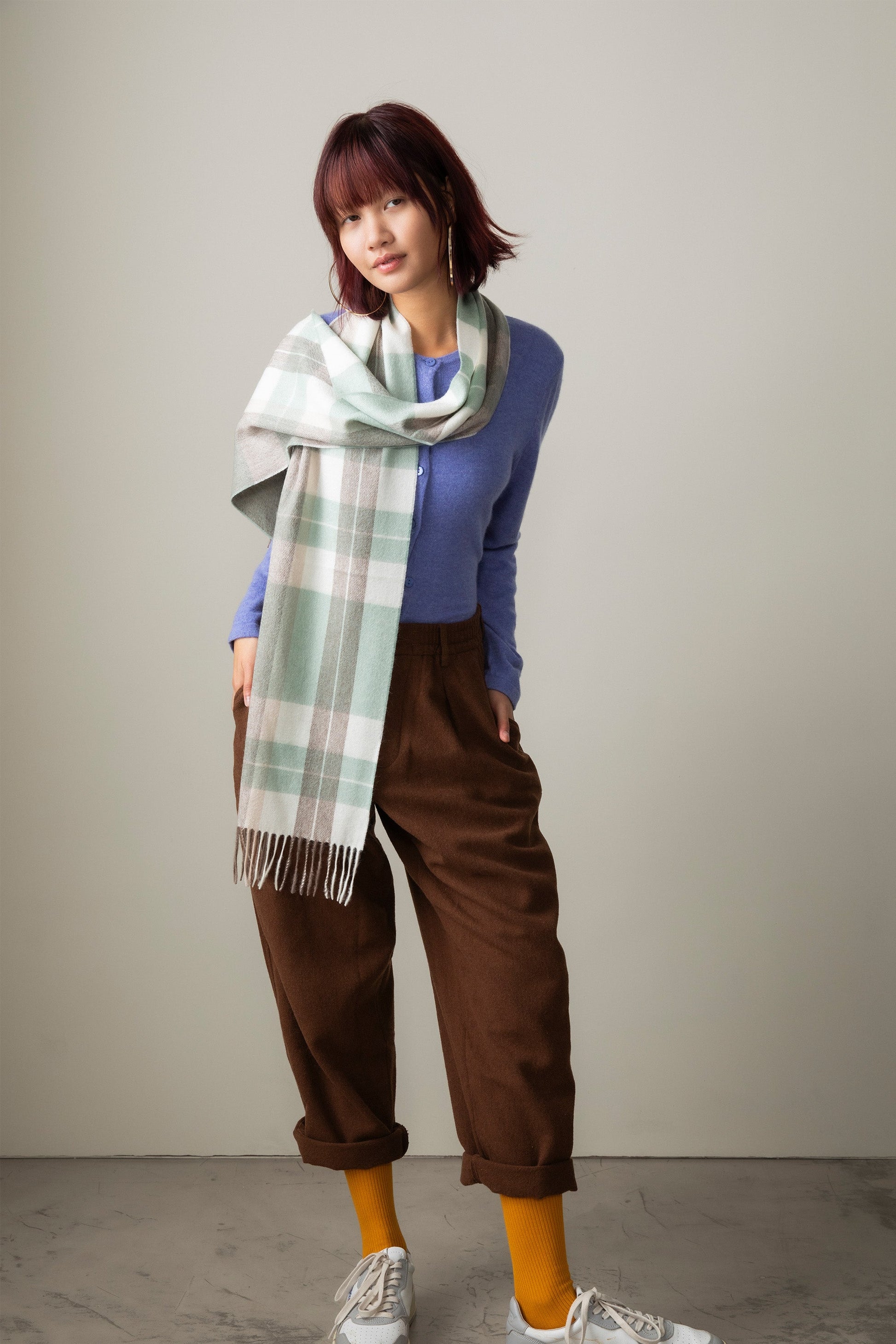Pale seafoam green and grey check cashmere scarf.