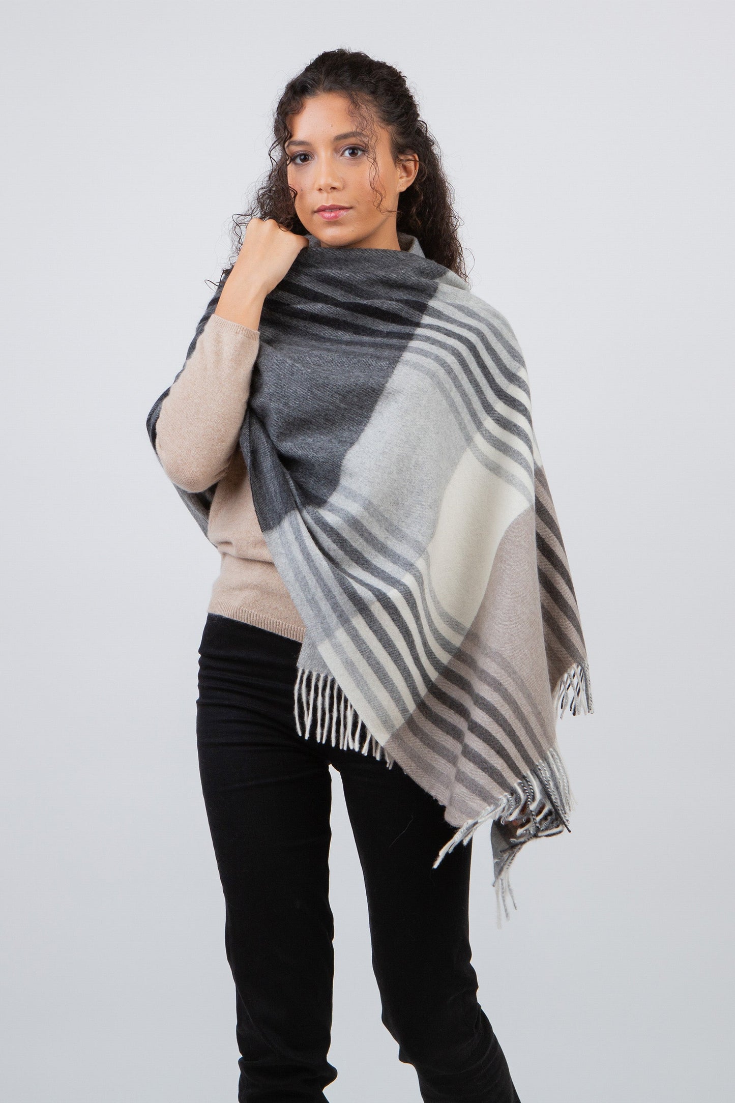 Charcoal, grey, and white checked cashmere wrap scarf.